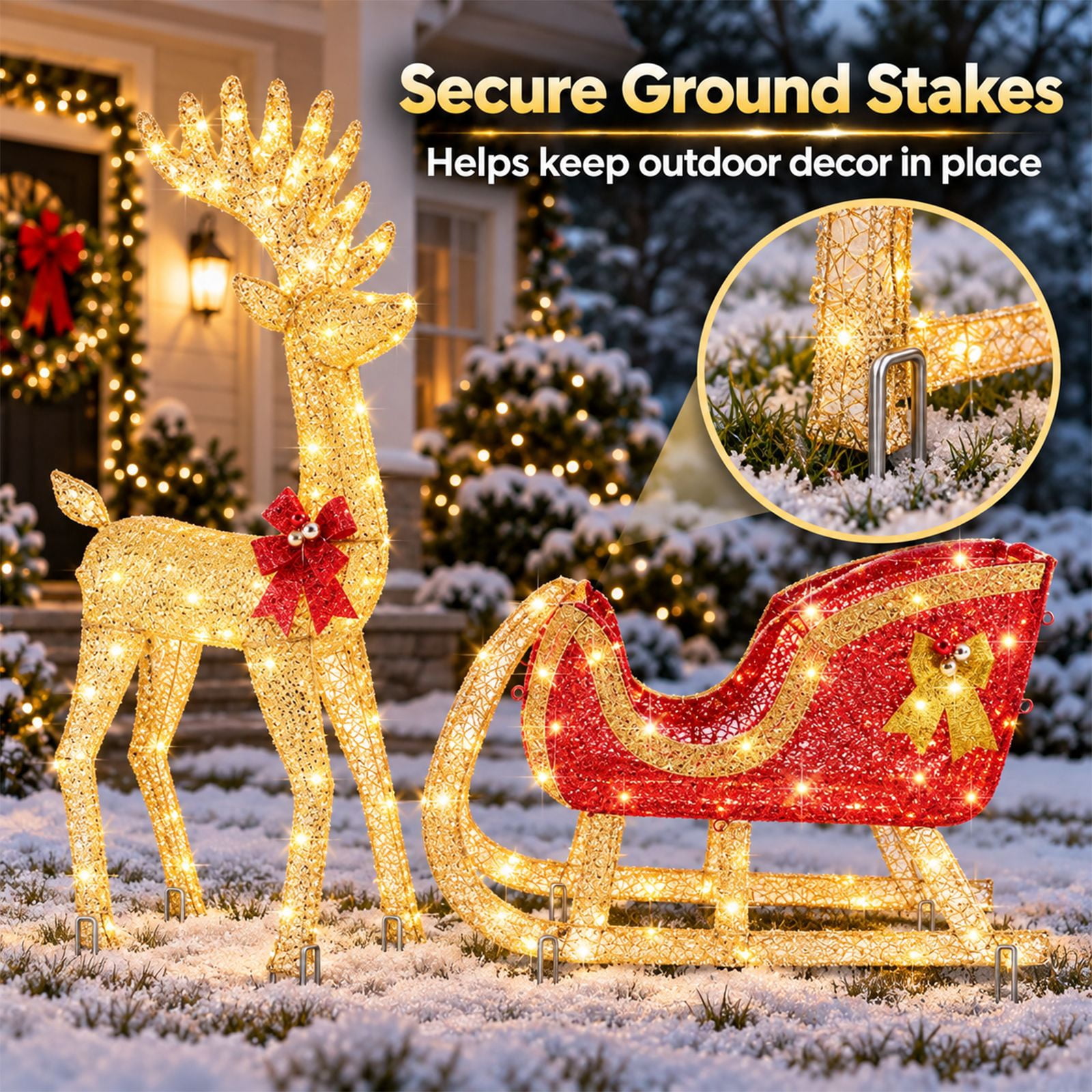 Alvantor Christmas Decoration Lighted Reindeer Sleigh, 180 LEDs, Yard Decor, Gold, 25.6 x 9.1 x 47.6 In