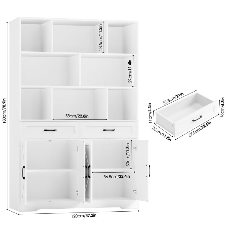 Hiphuta 71" Tall Bookcase with Drawers & Doors, White photo 6