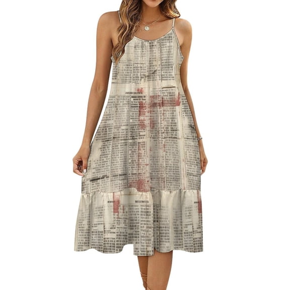 Suspender Sleeveless Dress (Style:Newsprint; Color:white; Size:S;)
