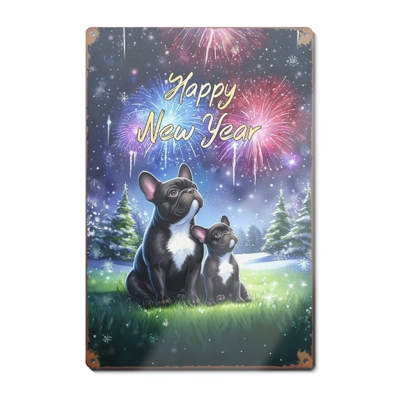 Happy New Year French Bulldog Family Cheer Winter Midnight Firework Vertical Metal Aluminum Sign Dog Lover Gifts Wall Art Home Decor - 02025