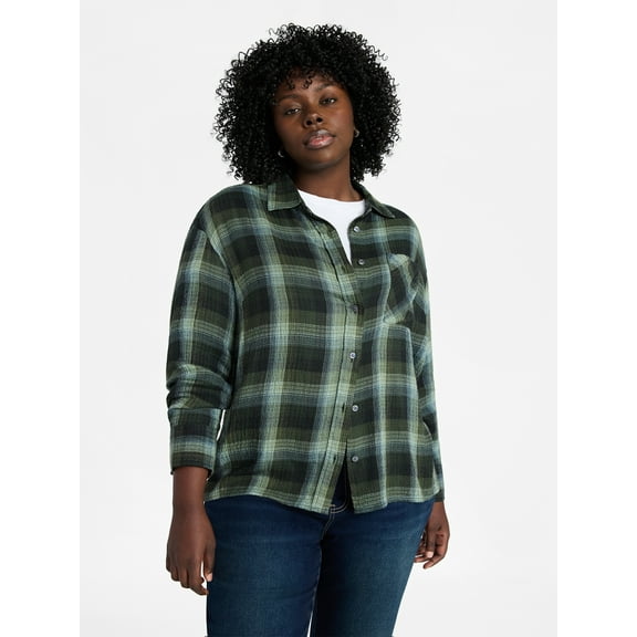 Terra & Sky Women's Plus Size Plaid Button Front Shirt, Sizes 0X-5X