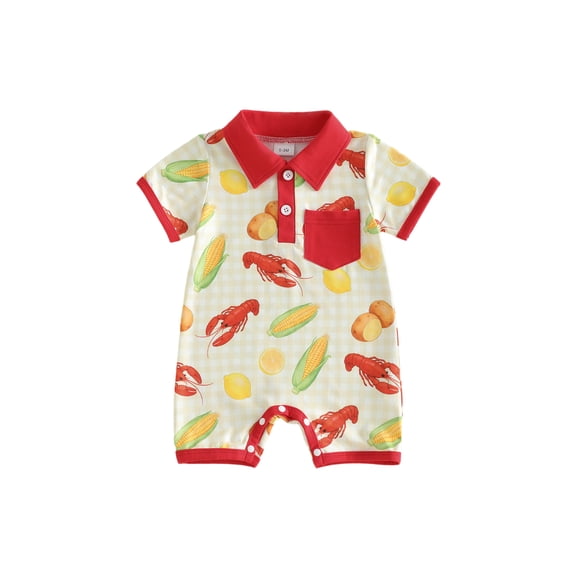 BemeyourBBs Newborn Baby Boys Crawfish Outfits Lobster Romper Short Sleeve Button Down Collar Crayfish Food Print Jumpsuit Cute Infant Summer Clothes