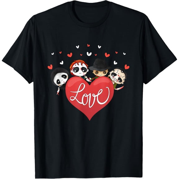 NODB Love Love Day Horror Movie Character Chibi With Heart T-Shirt BLACK Unisex S-5XL Hot Trending Shirt, Vintage Birthday Gift