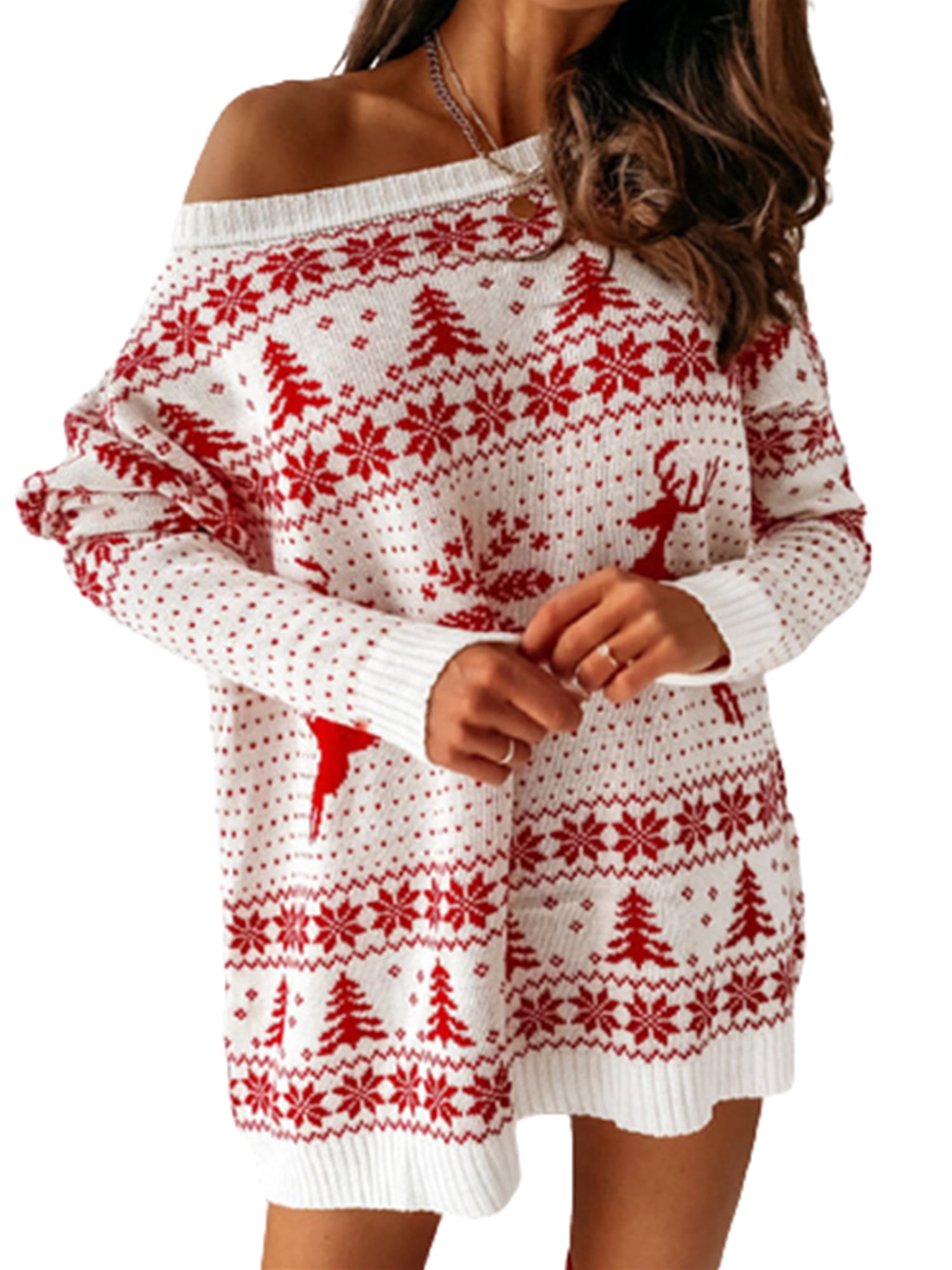 Women's Christmas Dresses Mini Dress Plus Size Elk Print Sweater Winter Cute Printed Causal Long Sleeve Knit Jumpers 
