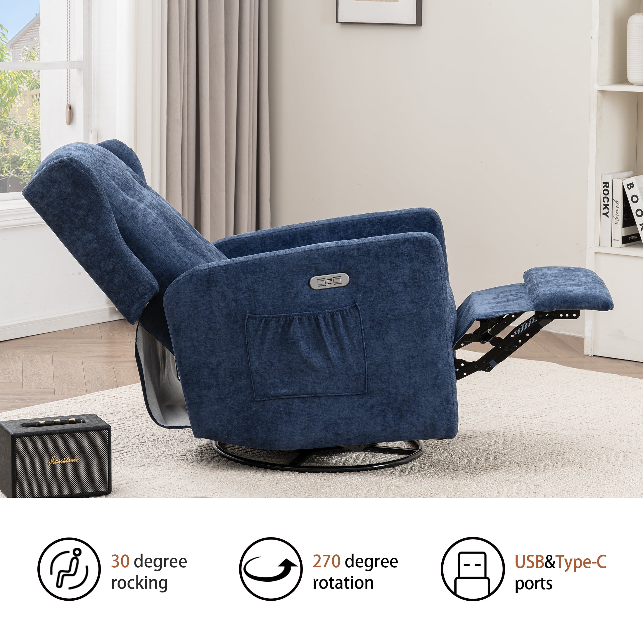 Power Swivel Rocking Recliner Chair, Electric Rocker Nursery Glider Chair, USB and Type-C Ports, Upholstered Fabric Reclining Single Sofa Chair for Living Room(NavyBlue)