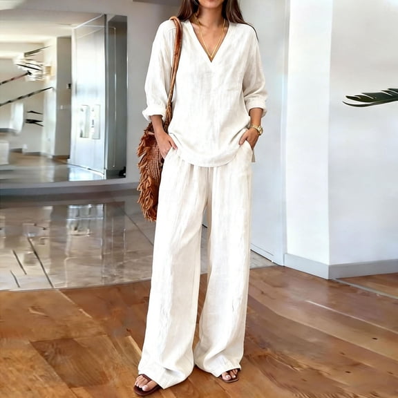 Avirosel Women's 2 Piece Casual Lounge Sets V Neck Long Sleeve Tops & Wide Leg Pants Soft Comfortable Loose Fit Tracksuit for Beach Vacation Daily Streetwear