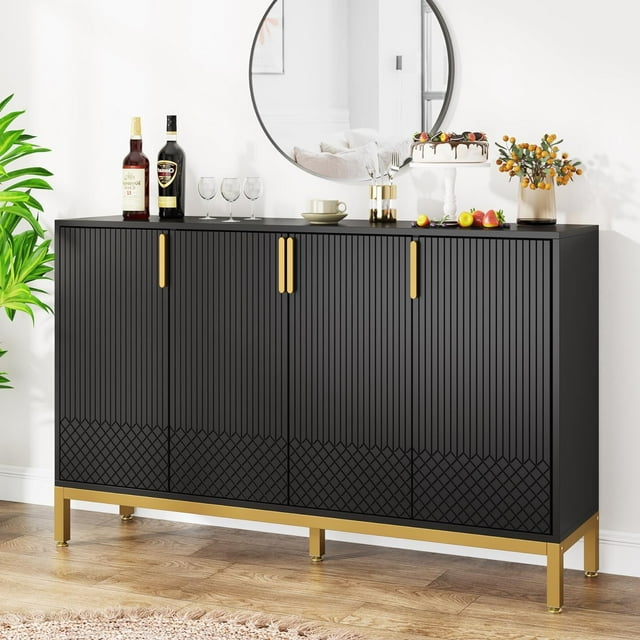 Tribesigns Luxury Buffet Cabinet with Storage, 59 Inch Kitchen Sideboard Cabinet with 4 Doors, Coffee Bar Cabinet Storage Cabinet for Dining Room, Living Room, Black and Gold
