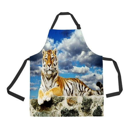 

ECZJNT Tiger lay storm sky Adjustable Bib Kitchen Apron with Pockets for Women Men