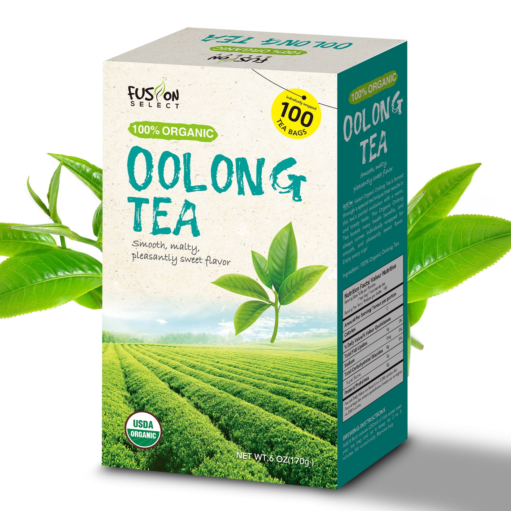 Fusion Select 100% Organic Oolong Tea Smooth, Mildly Sweet Flavor - Relaxing, Fresh Herbal Drink for Healthy Weight Levels 100 Individually Wrapped Tea Bags