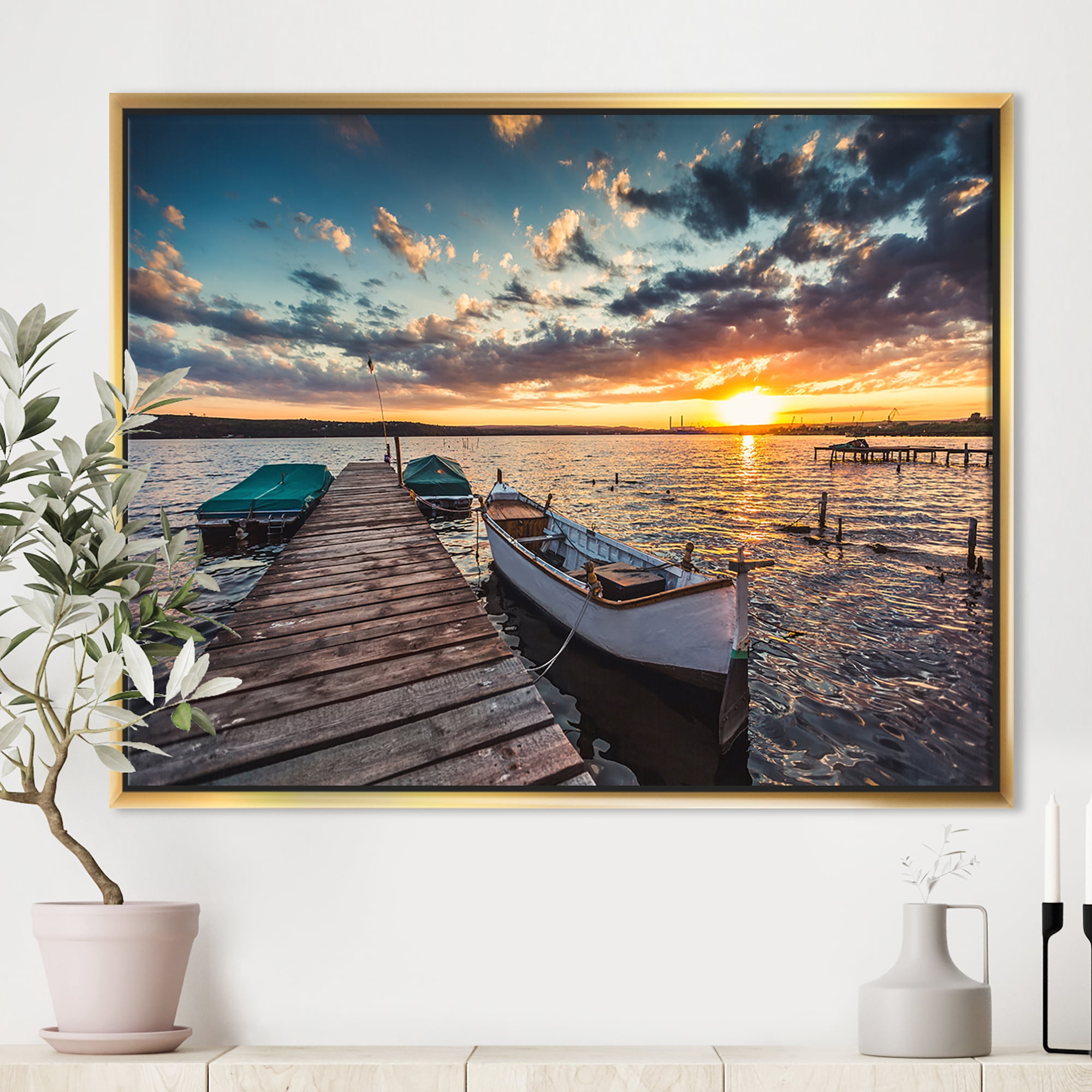 Designart ' Boats and Jetty under Dramatic Sky ' Modern Framed Canvas Art Print