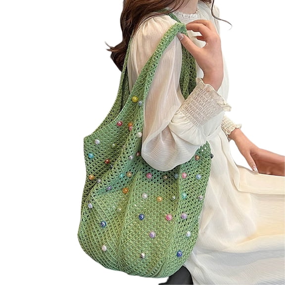 MDUKONU Boho Crochet Beach Tote Shoulder Bag with Colored Beads | Colorful Hippie Knit Bag for Women Green