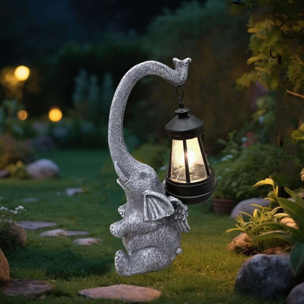 Elephant Solar light Garden Statue, Handmade Resin Lucky Elephant Sculpture Outdoor Lantern ,Figurine Decor for Patio, Yard & Indoor ,