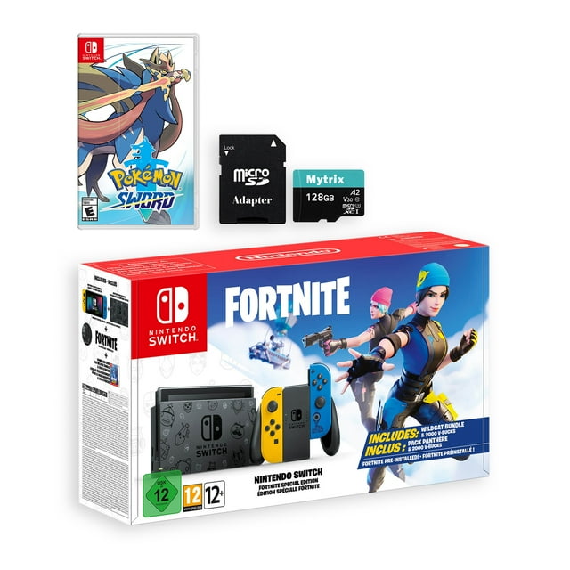Nintendo Switch Fortnite Wildcat Edition and Game Bundle: Limited Console Set, Pre-Installed Fortnite, Epic Wildcat Outfits, 2000 V-Bucks, Pokemon Sword, Mytrix 128GB MicroSD Card and Adapter