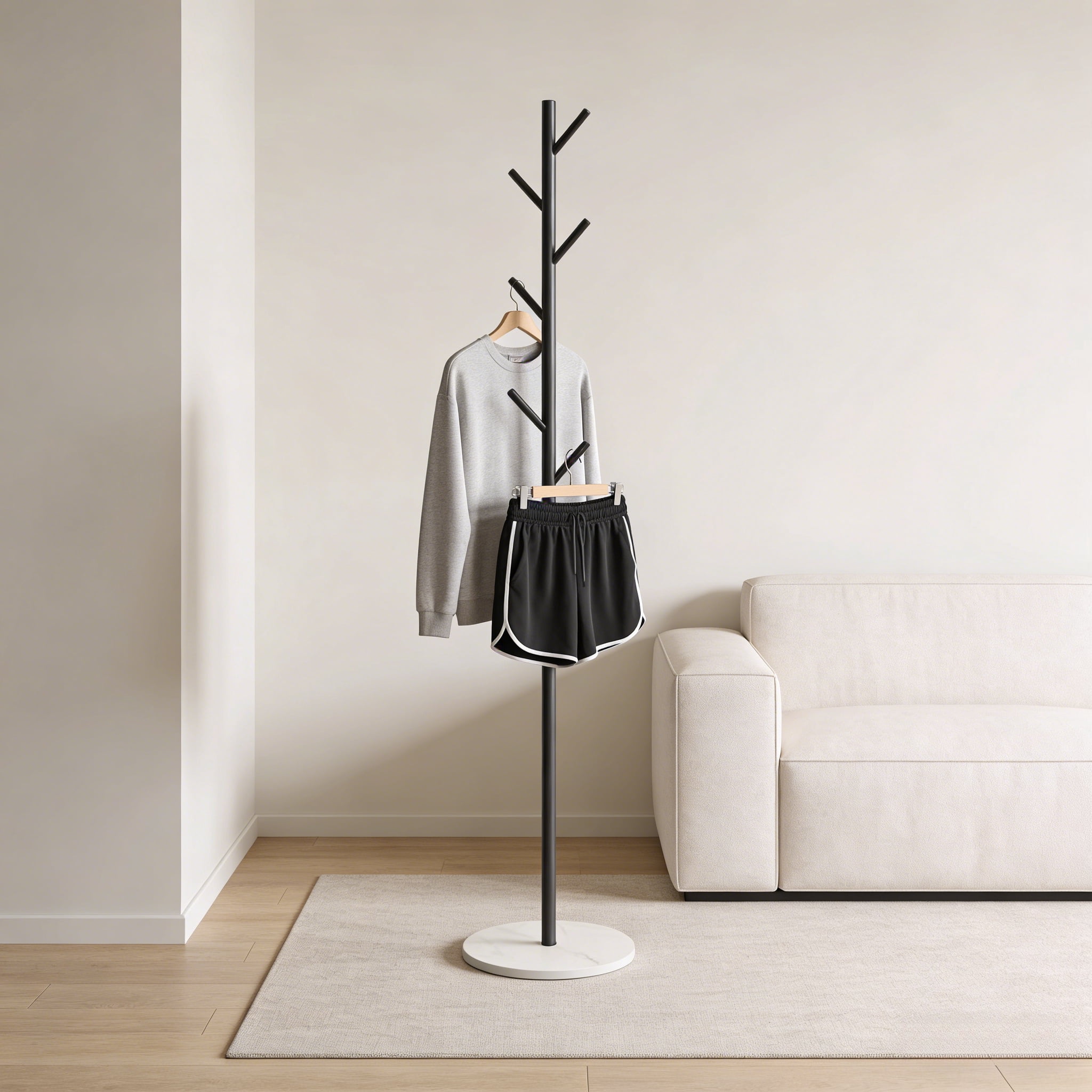 Modern Metal Coat Rack Stand Sturdy Freestanding Clothes Hanger With Bottom Storage Shelf Side Hooks Space Saving Hall Tree For Entryway Living Room Bedroom Office Hallway