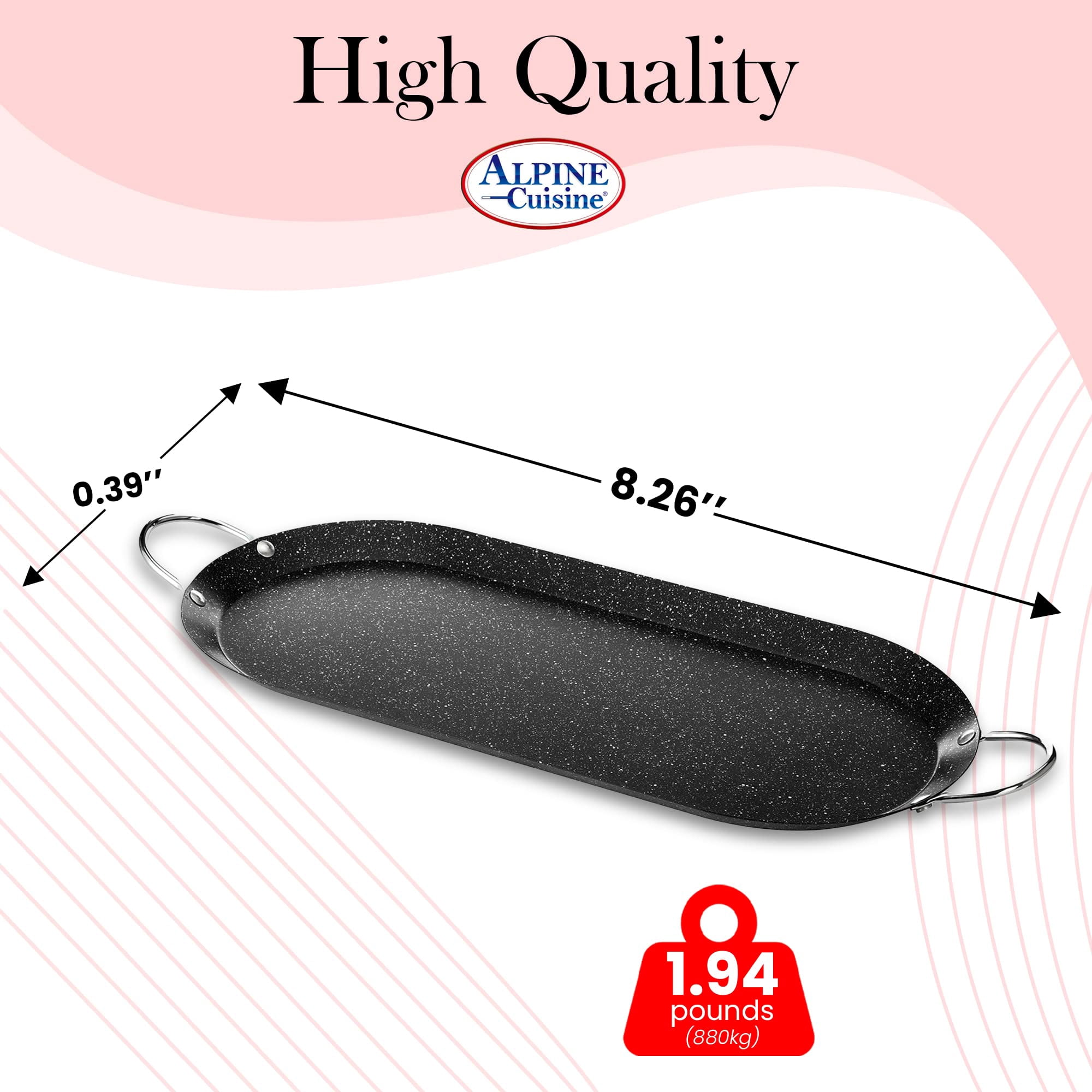 Alpine Cuisine Oval Comal Griddle 17.5x8in Nonstick Coating Black Griddle with Durable Double Handle - Durable, Heavy Duty Comal for Cooking - Even-Heating