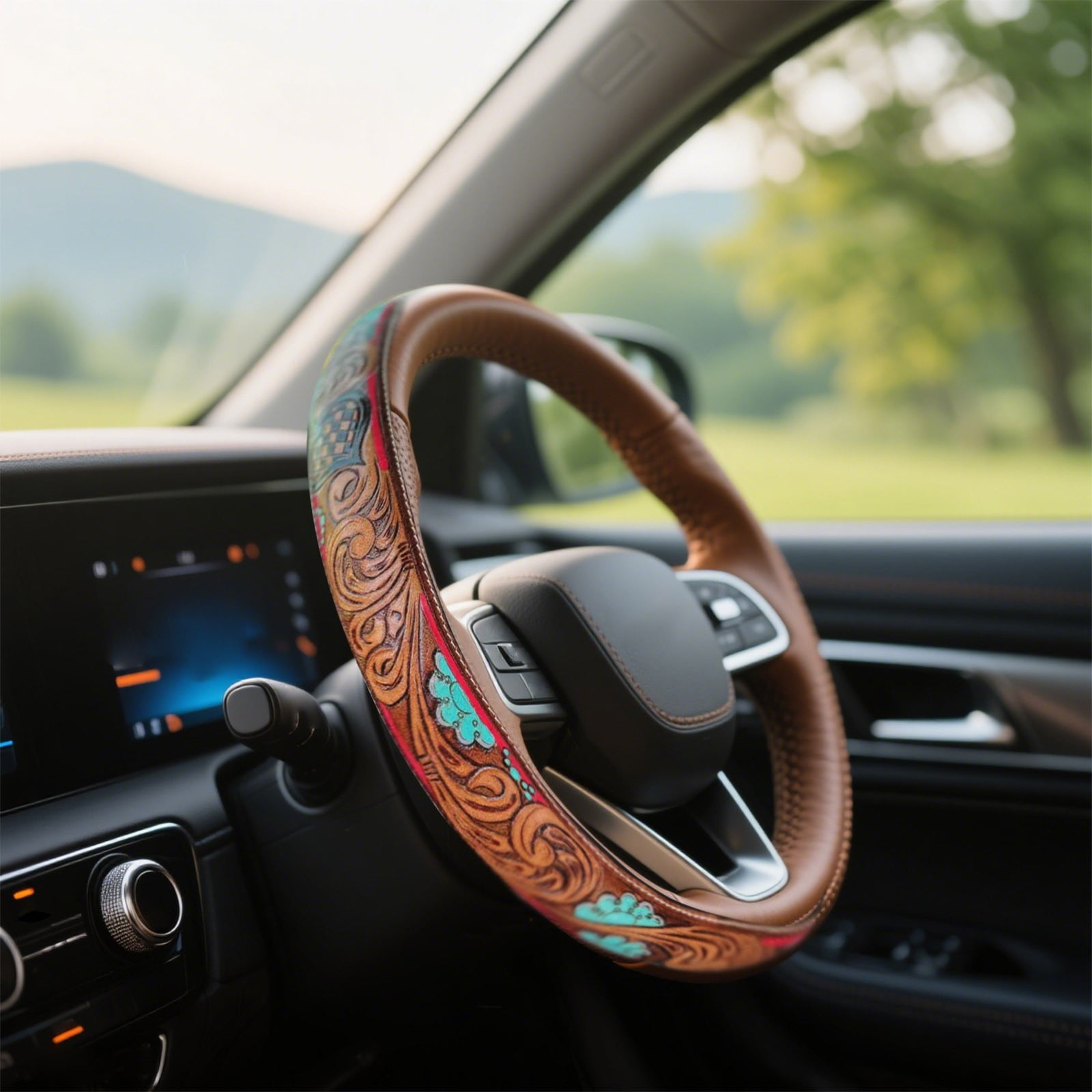 Western Steering Wheel Cover,Retro Western Cowboy Car Universal Steering Wheel Cover,Embossed Hand-Painted Leather Western Car Accessories, for Women Man, Anti- Design Easy to Install (A)