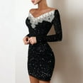 thumbnail image 6 of Women's Off-the-shoulder Sequined Lace Trim Slim Party Long Sleeve Ruffled Club Dress, 6 of 9