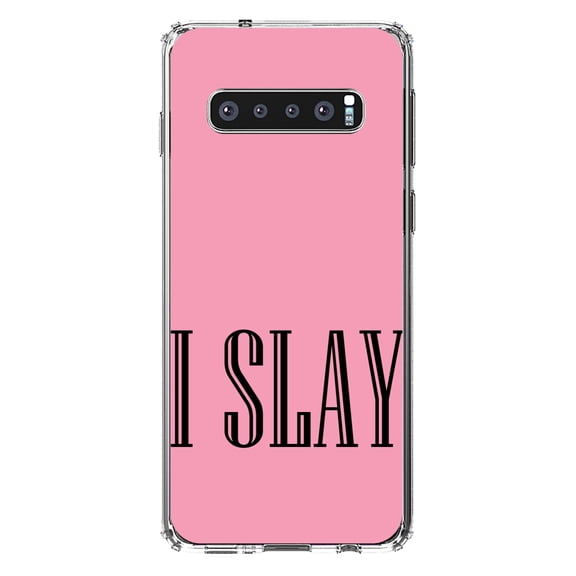 DistinctInk Clear Shockproof Hybrid Case for Samsung Galaxy S10 (6.1" Screen) - TPU Bumper, Acrylic Back, Tempered Glass Screen Protector - Black Pink "I Slay"