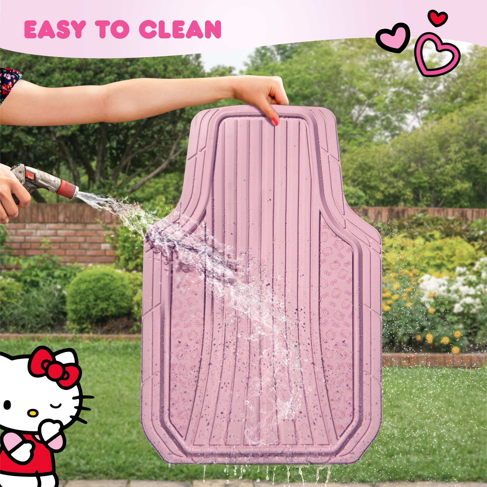 Hello Kitty 4pc Car Mats for Cars, Trucks, SUVs - Pink Rubber Floor Mats for Women & Men, Heavy Duty Non-Slip Front & Rear Mats, Cute Hello Kitty Car Accessories, Pink/Pink