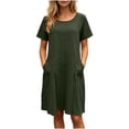 thumbnail image 2 of Dresses for Women Plus Size Women's Fashion Solid Color Loose Round Neck With Pockets Short Sleeve Dress Army Green M, 2 of 9