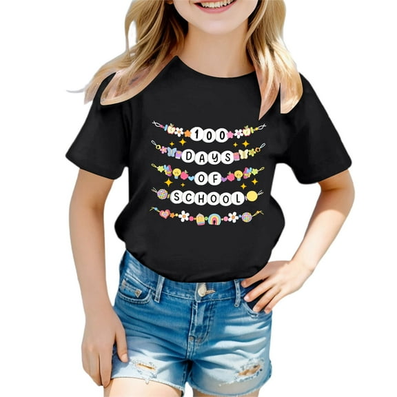 MIXUE Toddler Girls Tops & T-Shirts Children Fashion Casual Letter Print Round Neck Loose Short Sleeve Pullover Tee Shirts Sportwear,Black,3-4 Years