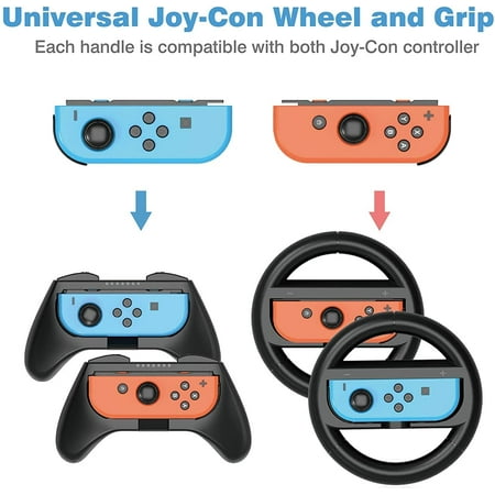 HEYSTOP Wheel Controller for Nintendo Switch & Switch OLED Model 2021 (4 Pack) Joy Con Controller Grip and Switch Steering Wheel for Mario Kart (Black)