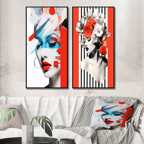 Designart "Avant Garde Red and Blue Portrait" Fashion Woman Framed Wall Art Set Of 2 - Glam Blue Frame Gallery Set For Office Decor