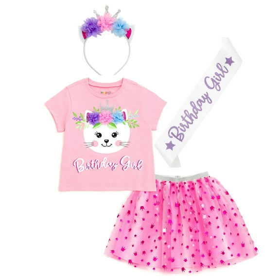 imagikids Cat Birthday Outfit for Girls - Shirt, Tutu Skirt, Headband, & Satin Sash 4 Piece Clothing Set Toddler to Big Kid Sizes