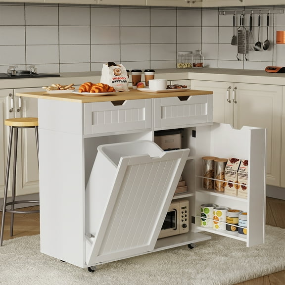 SNYNUXX Kitchen Island with Drop Leaf, Rolling Mobile Island Cart with Drawer, Wooden Countertop and Lockable Casters, White-35.43"x23.62"x35.43"