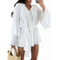 thumbnail image 2 of Women'S Layered Bell Sleeve Tie Neck Mini Dresses Ruffle Belted Tunic Dress White M, 2 of 9