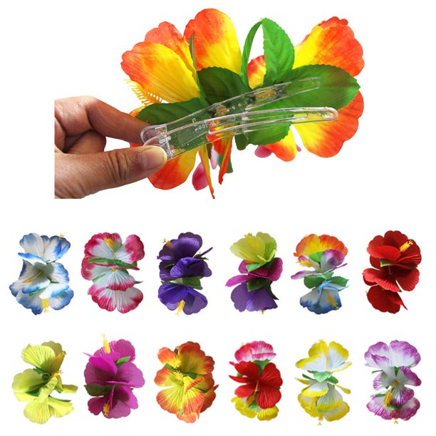 Pinzas para el cabello de hibisco, pasadores de flores, juego de pinzas para el cabello hawaianas, Luau tropical hawaiano, pinzas de hojas florales, tocado para mujeres, boda, playa, carnaval, regalos