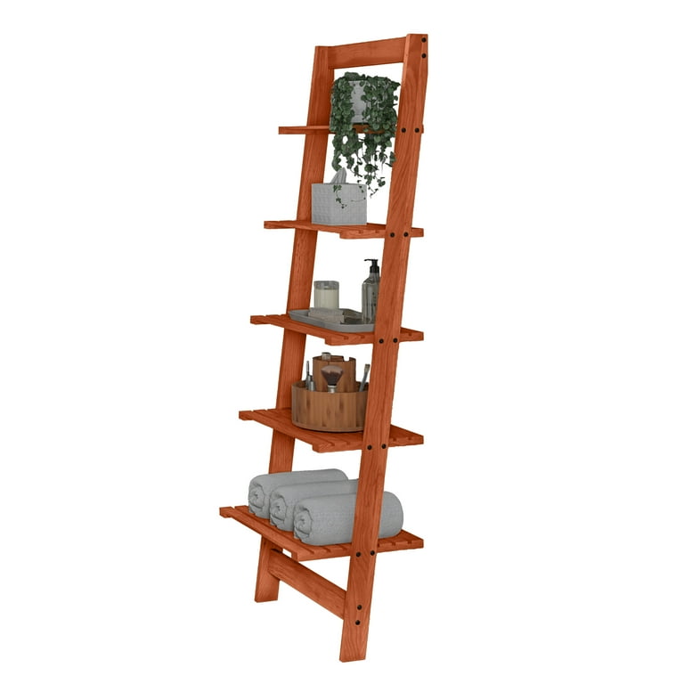 Lavish Home Cherry Finish 5-Tier Slatted Wood Leaning Ladder Shelf