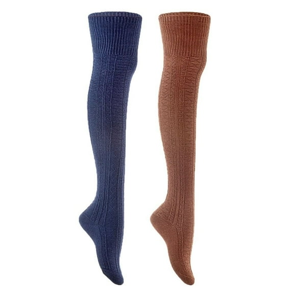 Lian Style Women's 2 Pairs Long Lasting, Colorful and Fancy Thigh High Over the Knee High Cotton Socks JMYP1025 Size 6-9 Navy, Coffee