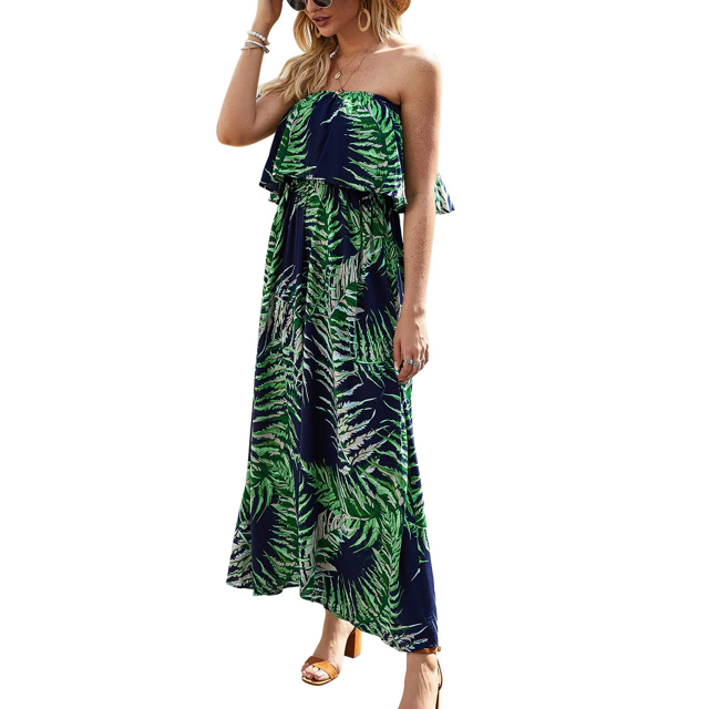 Robes d'Été pour Femmes Bleu et Blanc en Porcelaine Sans Bretelles Boho Maxi Longue Robe