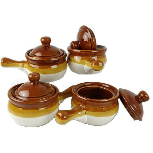 Individual French Onion Soup Crock Chili Bowls with Handles and Lids, Ceramic 16 Ounces 4 Pack