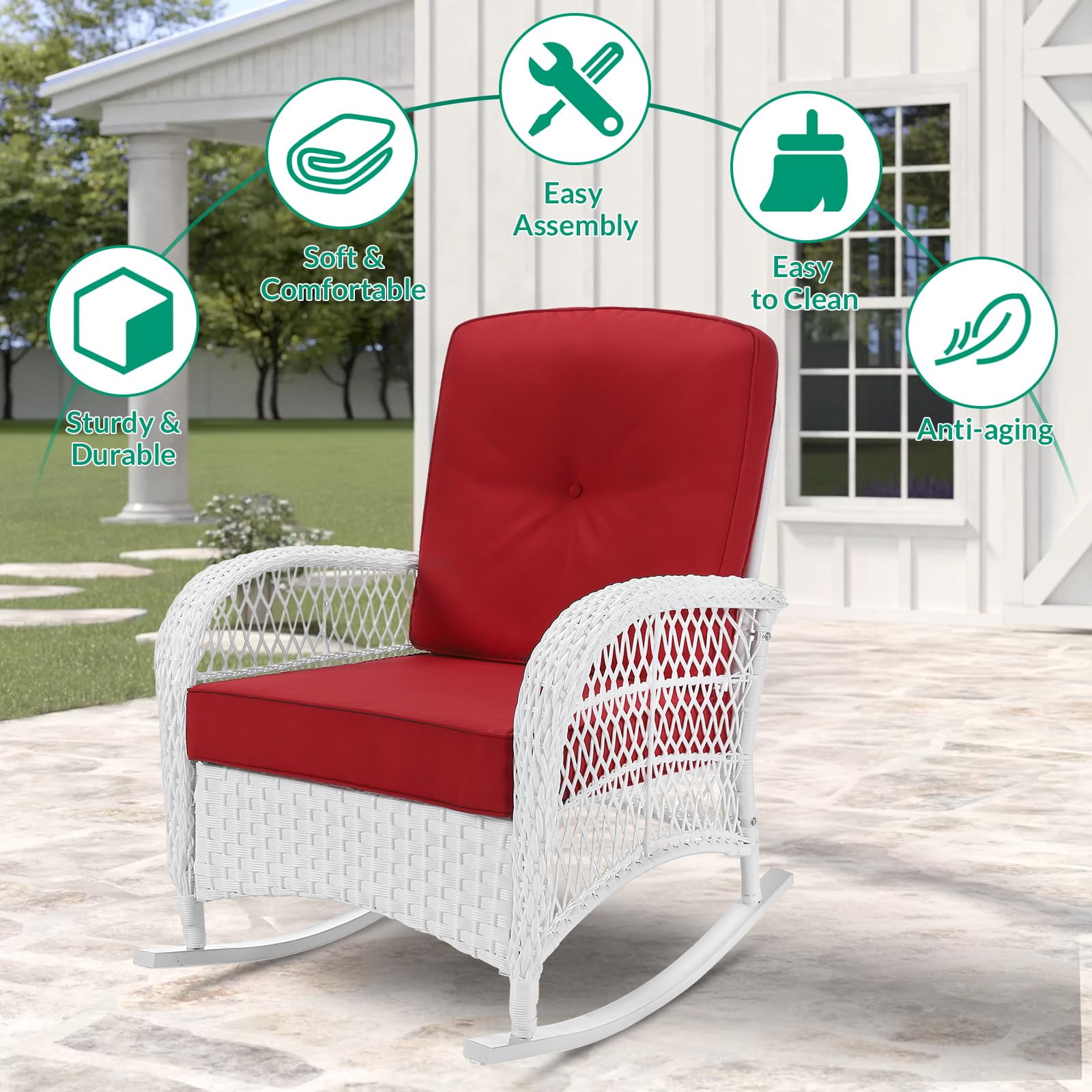 VIVIJASON 3-Piece Outdoor Conversation Bistro Set, Patio Wicker Rocking Chairs Rattan Furniture Sets w/ 2 Rattan Chairs, Cushions, Glass Top Side Table for Garden Porch Backyard (White Wicker/Red)