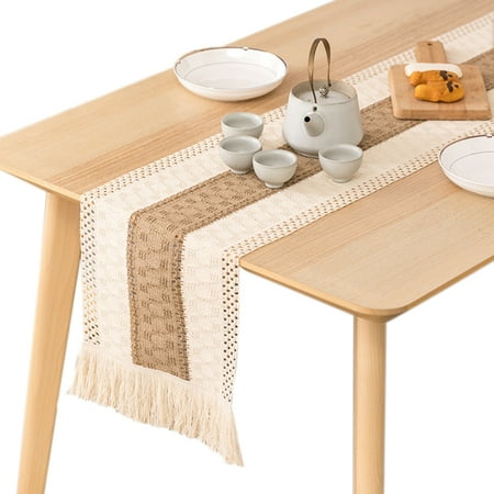 

Alongen Macrame Table Runner Farmhouse Style Natural Burlap Table Runner Splicing Cotton Table Runner Boho Table Runner with Tassels for Bohemian