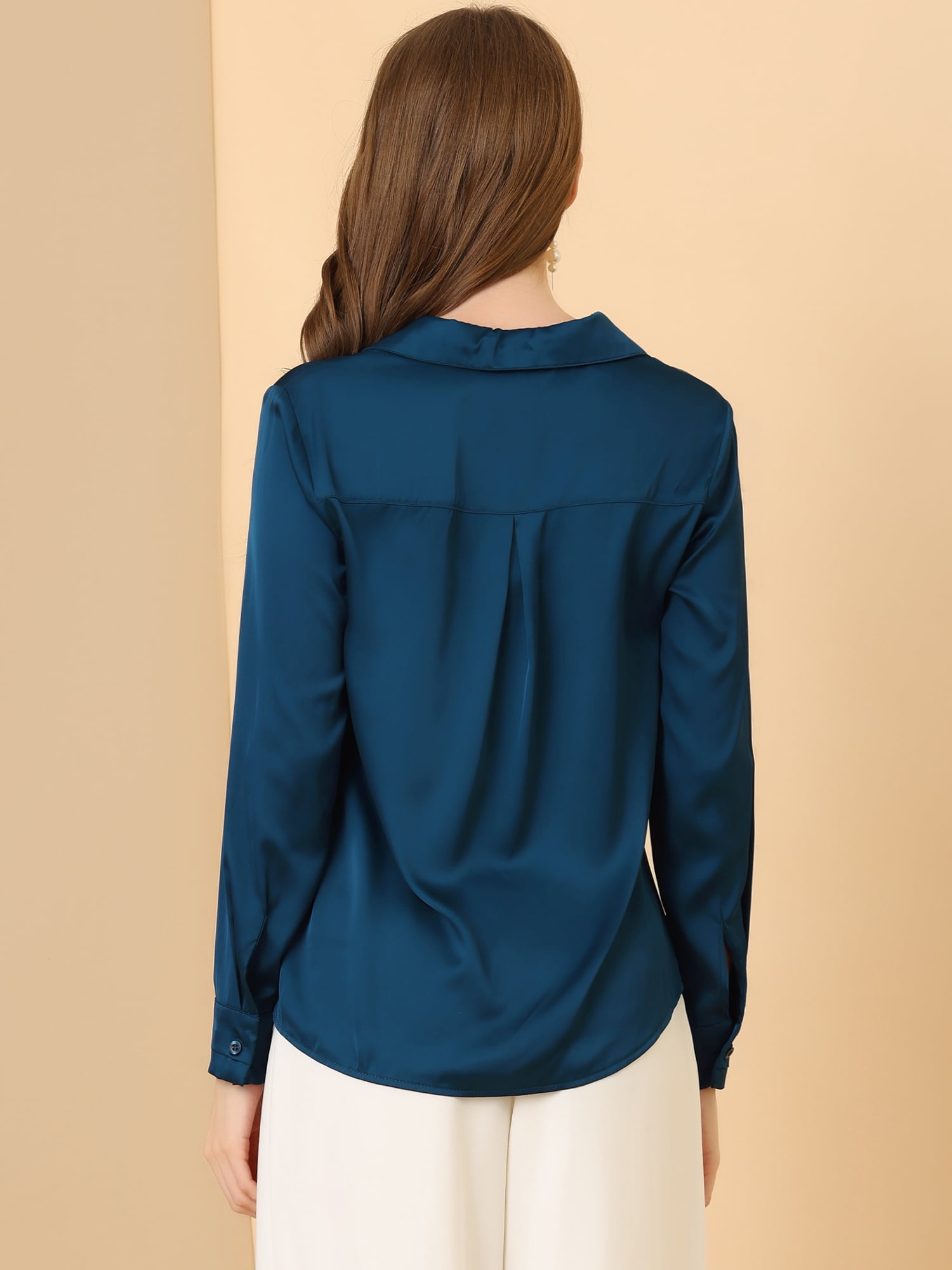 DARING DIVA Women's V Neck Classic Work Office Long Sleeve Shirt L Deep Blue