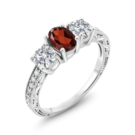 Gem Stone King 10K White Gold Red Garnet and Lab Grown Diamond Engagement Ring for Women | 1.99 Cttw | Oval 7X5MM | Gemstone January Birthstone | Size 6