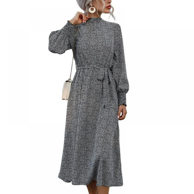 Robe à Col Roulé, Manches Longues Bouffantes, Taille à Nouer, Imprimé Léopard, Décontractée et Fluide, Robe Maxi de Soirée pour Femmes