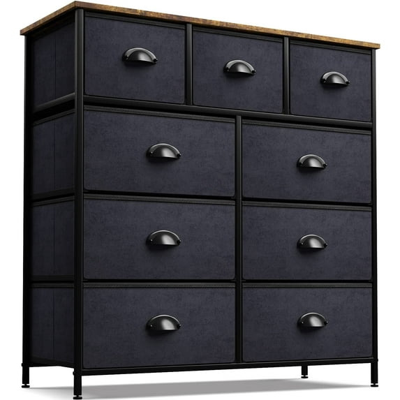 ZXNYH Dresser with 9 Drawers - Furniture Storage Chest Tower Unit for Bedroom, Hallway, Closet, Office Organization - Steel Frame, Wood Top, Easy Pull Fabric Bins (Gray/Black)