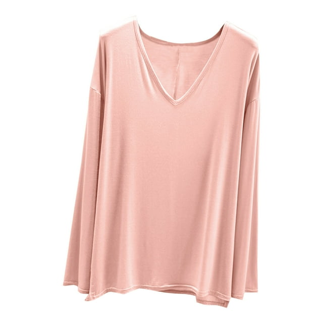 MeetoTime V Neck Long Sleeve Shirts for Women Comfortable Loose Tops Solid Color Lounge Tops Pullover