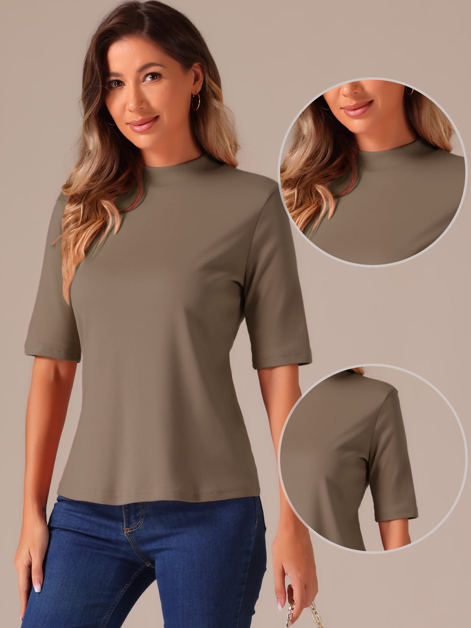 DARING DIVA Women's Half Sleeve Mock Turtleneck Casual Top L Camel