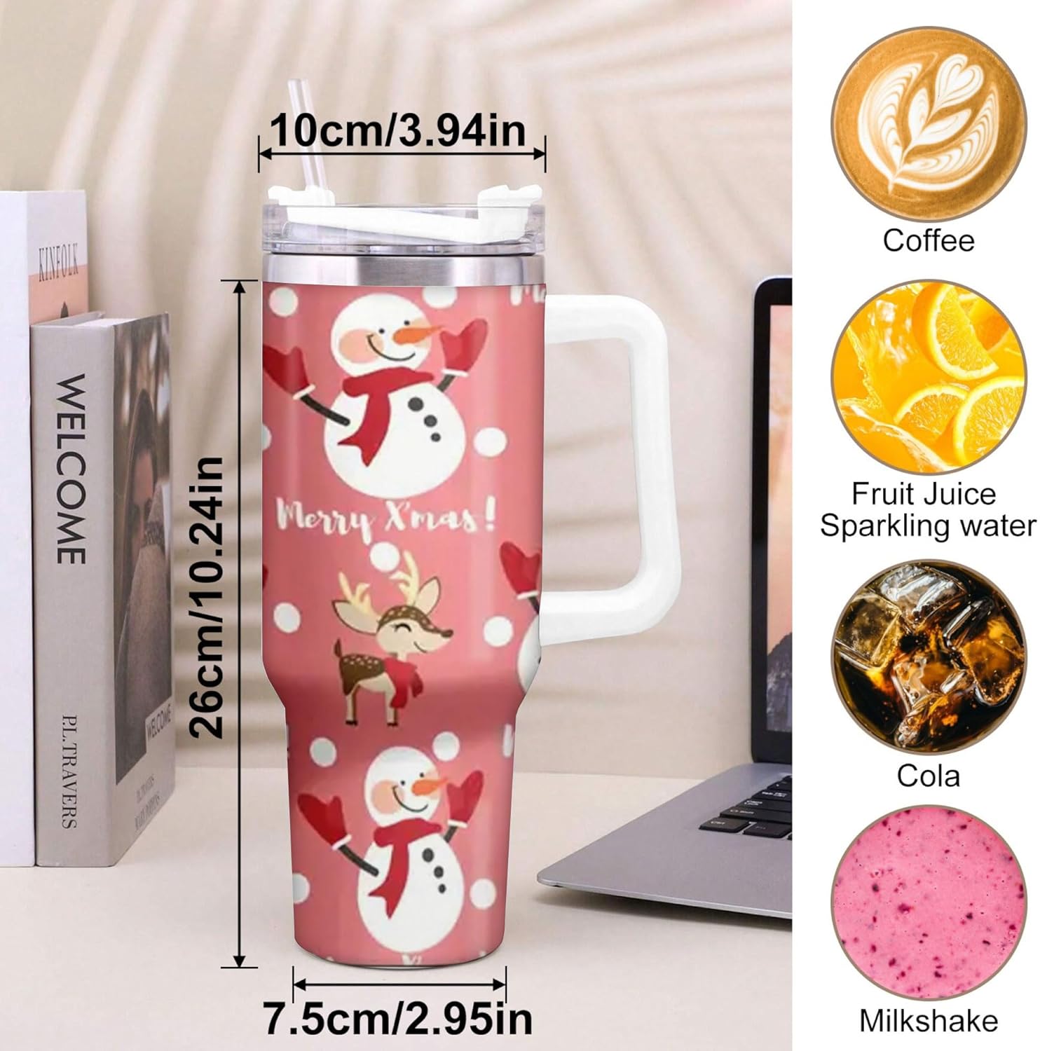 40oz Holiday Santa & Snowman Tumbler - Single Pack, Stainless Steel Insulated with Lid, Handle, Straw, Ideal for Hot and Cold Drinks, Car, Office, Home