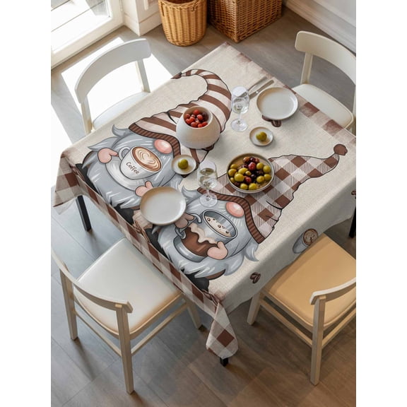 Coffee Gnomes Tablecloth Square Table Cloth 60x60, Waterproof Outdoor Table Cloth Covers Decorative Table Protector, Coffee Cups Beans Beige Plaid Washable Table Cover for Kitchen Dinning Party