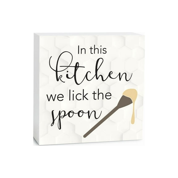This Kitchen Lick Spoon White Honeycomb 5 x 5 Wood Tabletop Sign Plaque