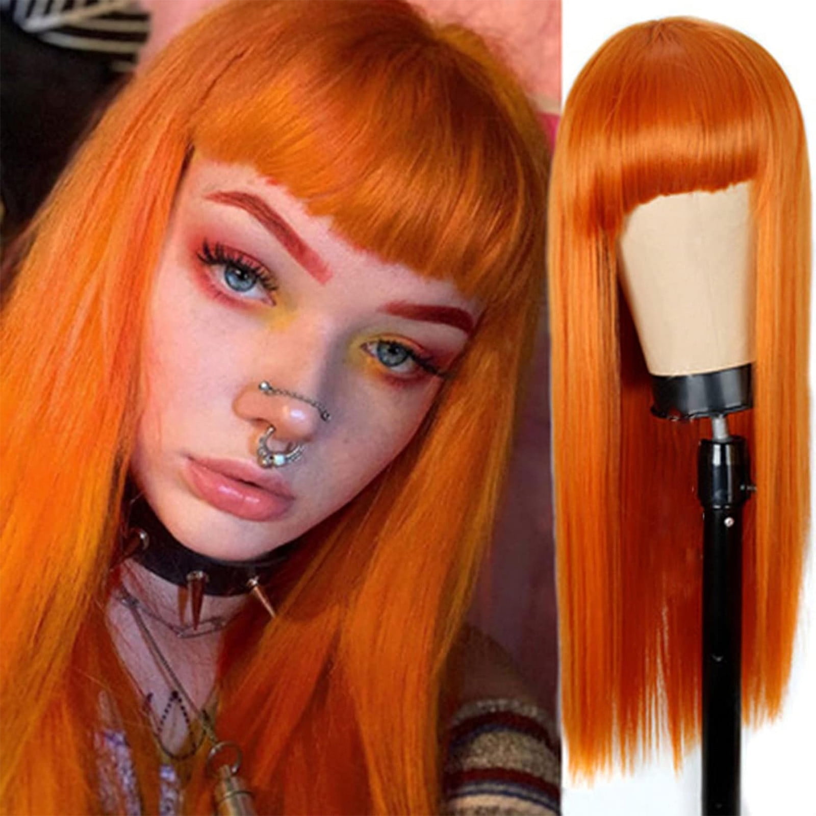 YSGFHGJW Human Hair Wig,Long Straight Wig With Bangs Hair Wig For Women Synthetic Natural Wig ,Various Colors Available,Daily Wear Party And Cosplay Soft Wig,Orange