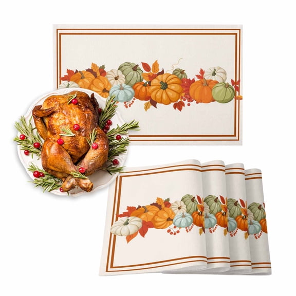 Fall Placemat Orange Pumpkin Thanksgiving Placemats for Dining Table Sage Green Pumpkin Maple Leaves Washable Table Mats for Party Kitchen Dining Decoration Set of 4