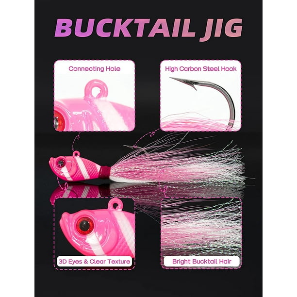 BLUEWING Bucktail Jig 2pcs Lead Head Jig Saltwater Fluke Lure Hair Jig for  Bluefish, Bass Fishing, Size 0.5oz, Pink