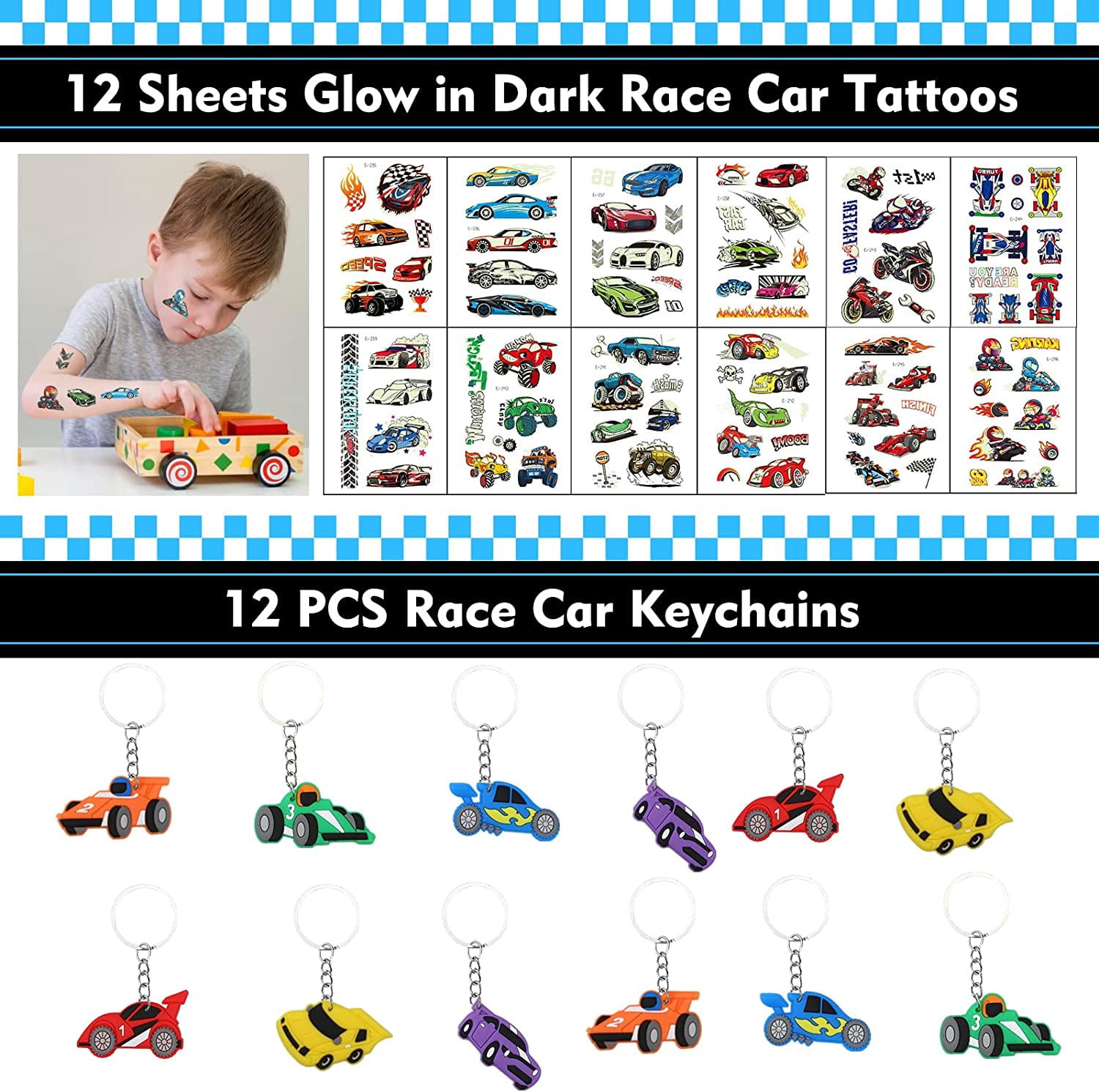 12 Pack Race Car Party Favors for Kids Boys Checkered Gift Bags Flags Keychains Straws Slap Bracelets Mini Race Cars Tattoo Race Car Themed Birthday Party Supplies Baby Shower Goodie Bag Pinata Filler